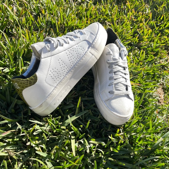 P448 Thea platform sneakers 37white Green Croc Embossed back logo $298 preowned - Picture 3 of 15